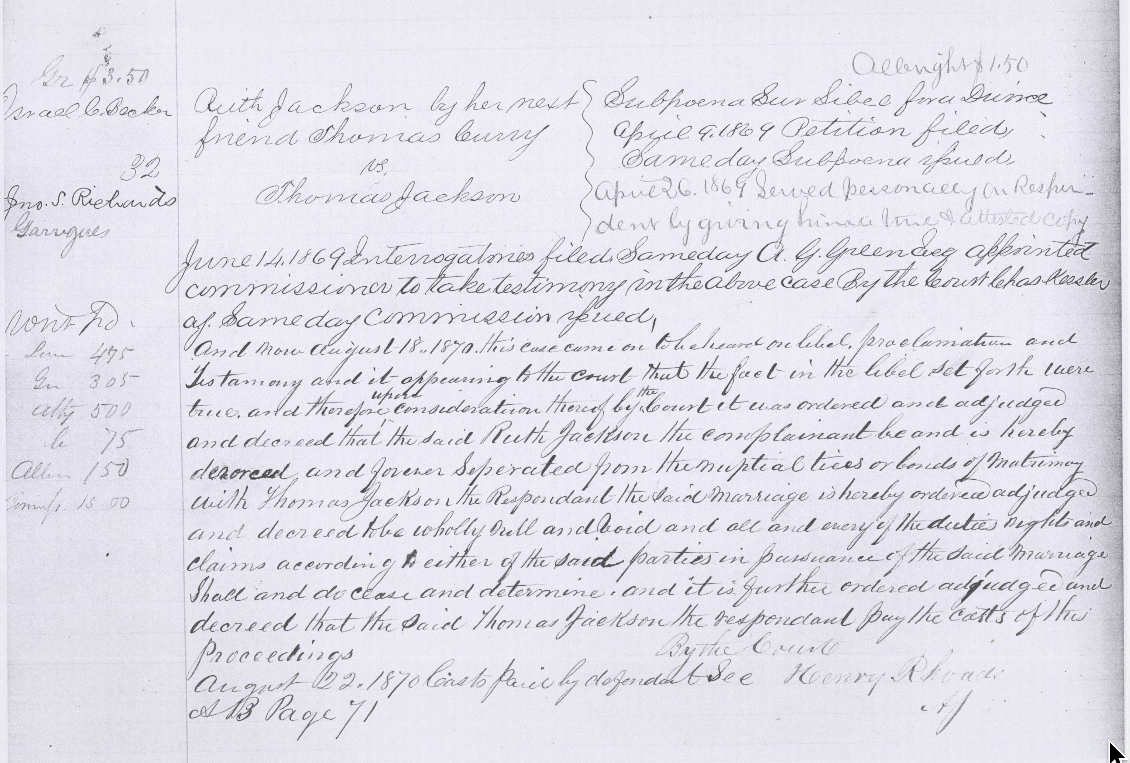 Divorce of Thomas Jackson & Ruth Hicks April 9, 1869